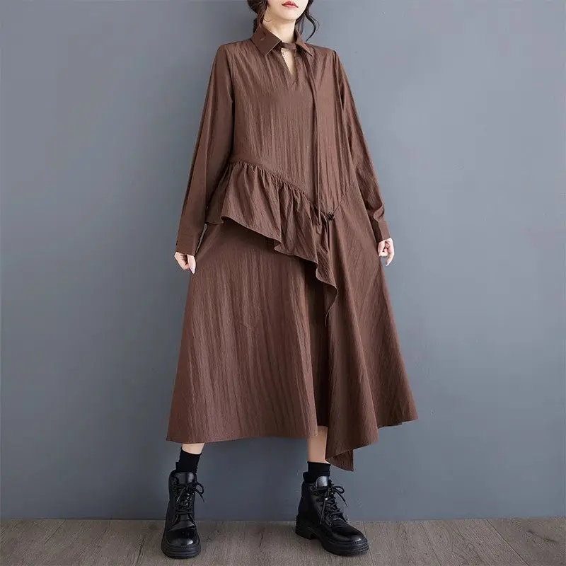 불규칙 플리츠 프릴 에지 원피스 롱 셔츠, 분위기 있는 라지 사이즈 여성복, 루즈한 패션, 2024 가을 신상