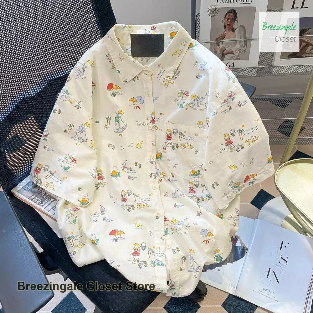 

Small fresh Japanese sweet wind cute cartoon graffiti short sleeve flower shirt female summer short loose Joker couple shirt