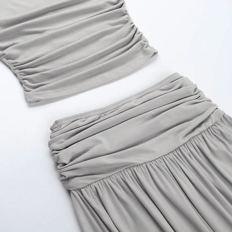 Women's Knit Two-piece Skirt Set O-neck Crop Short-sleeve Tops Elegant Spliced Slim Design A-line Skirt Hotsweet Trendy Outfit