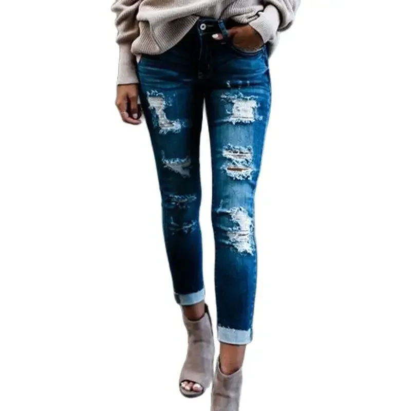 2022 Womens New Pencil Jeans Fashion High Waist Ripped Denim Pants Ladies Casual Tight Fitting Hole Stretch Streetwear Trousers