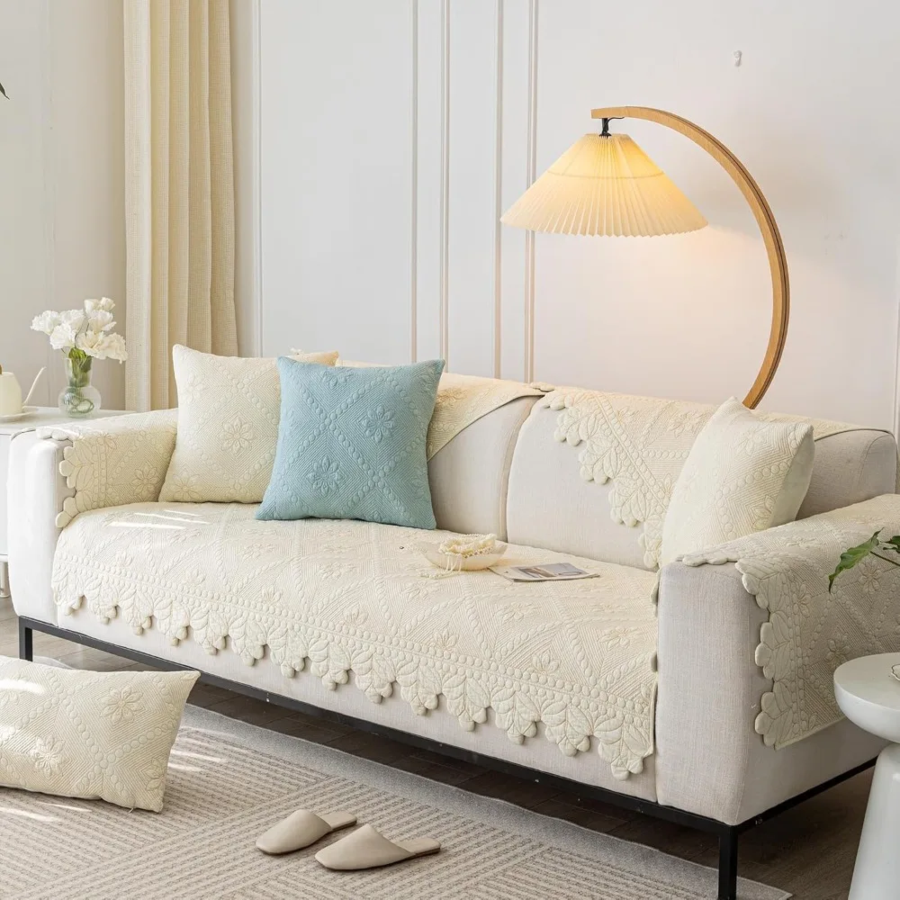 100% Cotton Quilted Floral Embroidered Sofa Cover - Non-Slip, Soft, Washable Couch Slipcover for Furniture Protection