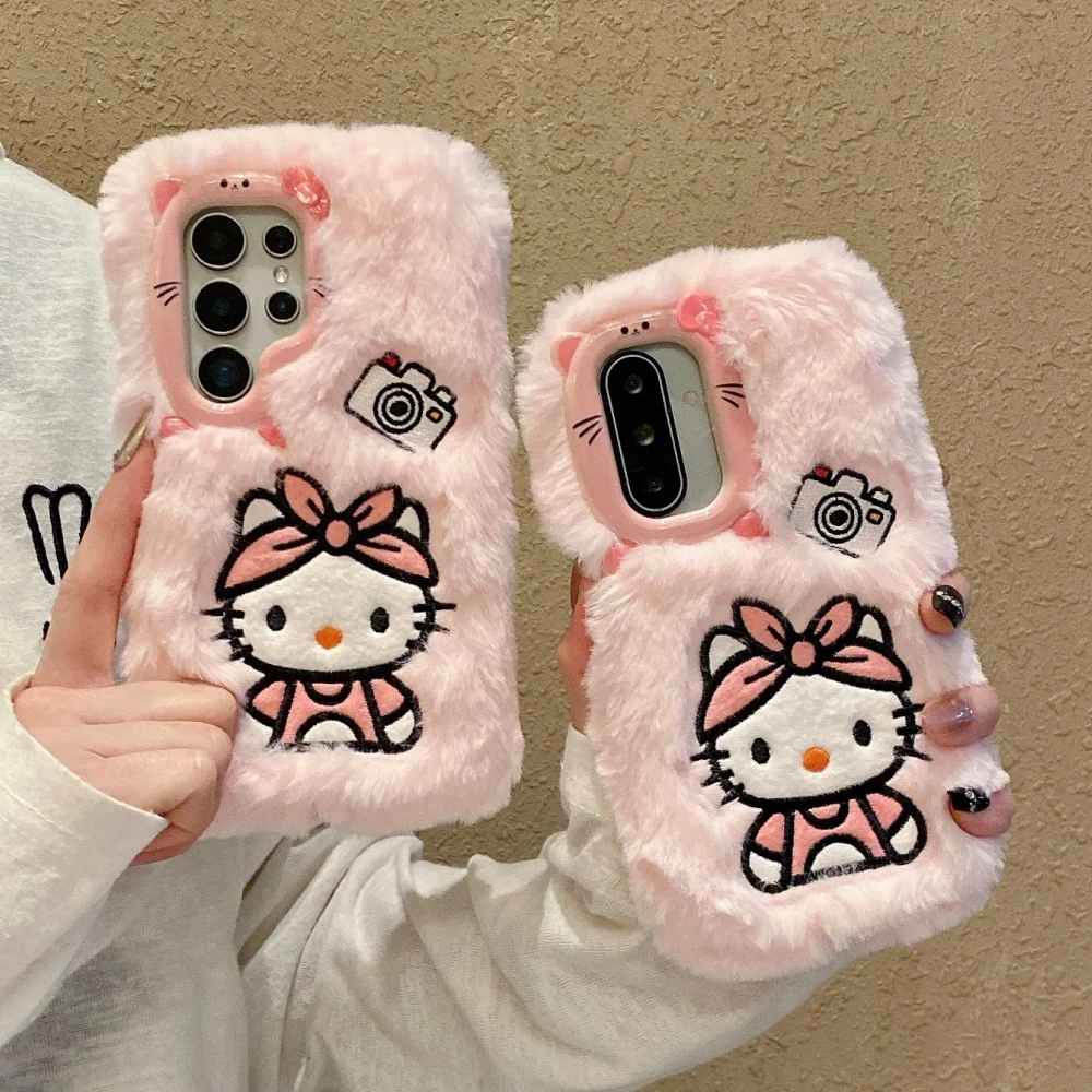 Cute 3D Camera Plush KT Phone Case For Samsung Galaxy S25 S24 S23 Ultra Plus A14 A15 A36 A35 A54 A55 A16 A17 Soft Silicone Cover