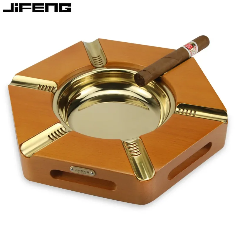 JIFENG Cigar Ashtray Creative Six-slot Copper Solid Wood Cigar Tank Home Office Bar Ash Holder