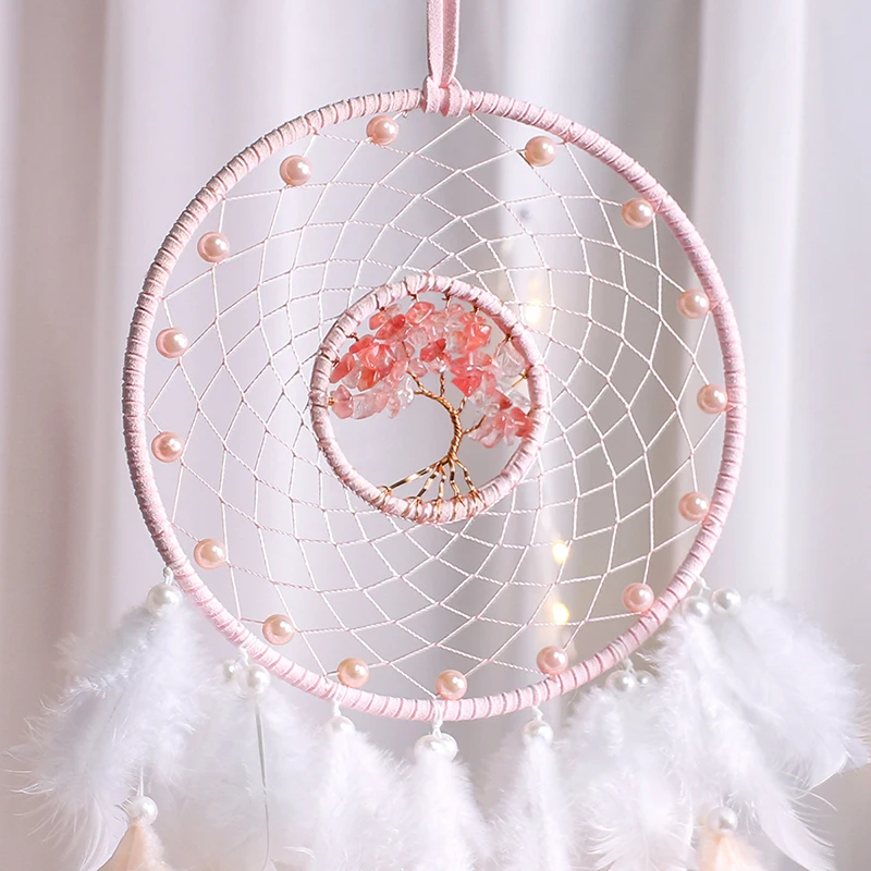 New Pink Dream Catcher Vintage Wind Chime Hanging Ornament Home Decor Indian Natural Stone Tree Of Life Dream Catcher Wall Decor