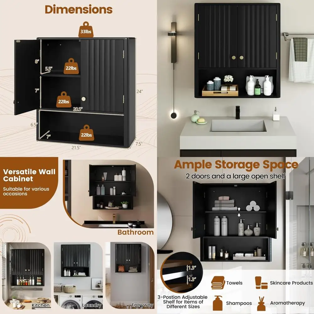 

Современный черный медицинский шкаф с двумя дверцами и открытыми регулируемыми полками для хранения в ванной и прачечной