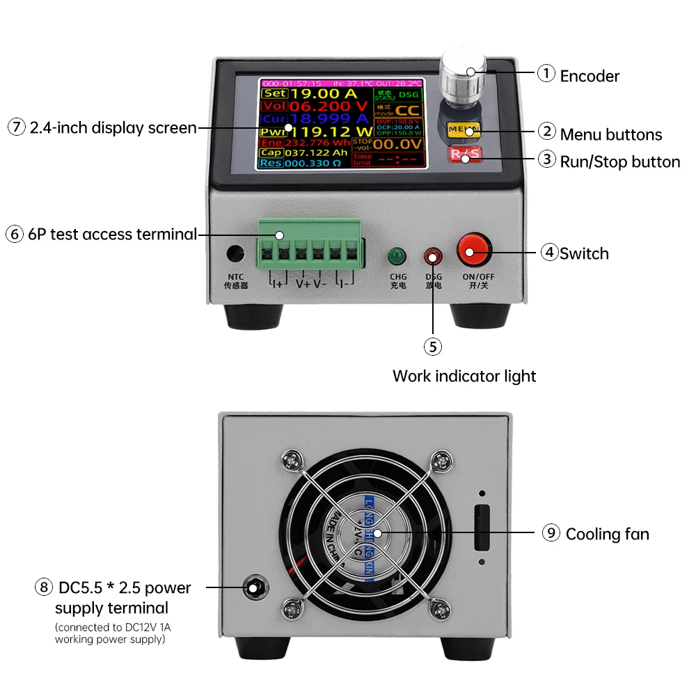 DC12V 2.4 inch colour screen CNC electronic load tester 150W lithium battery capacity measuring instrument DC discharge meter