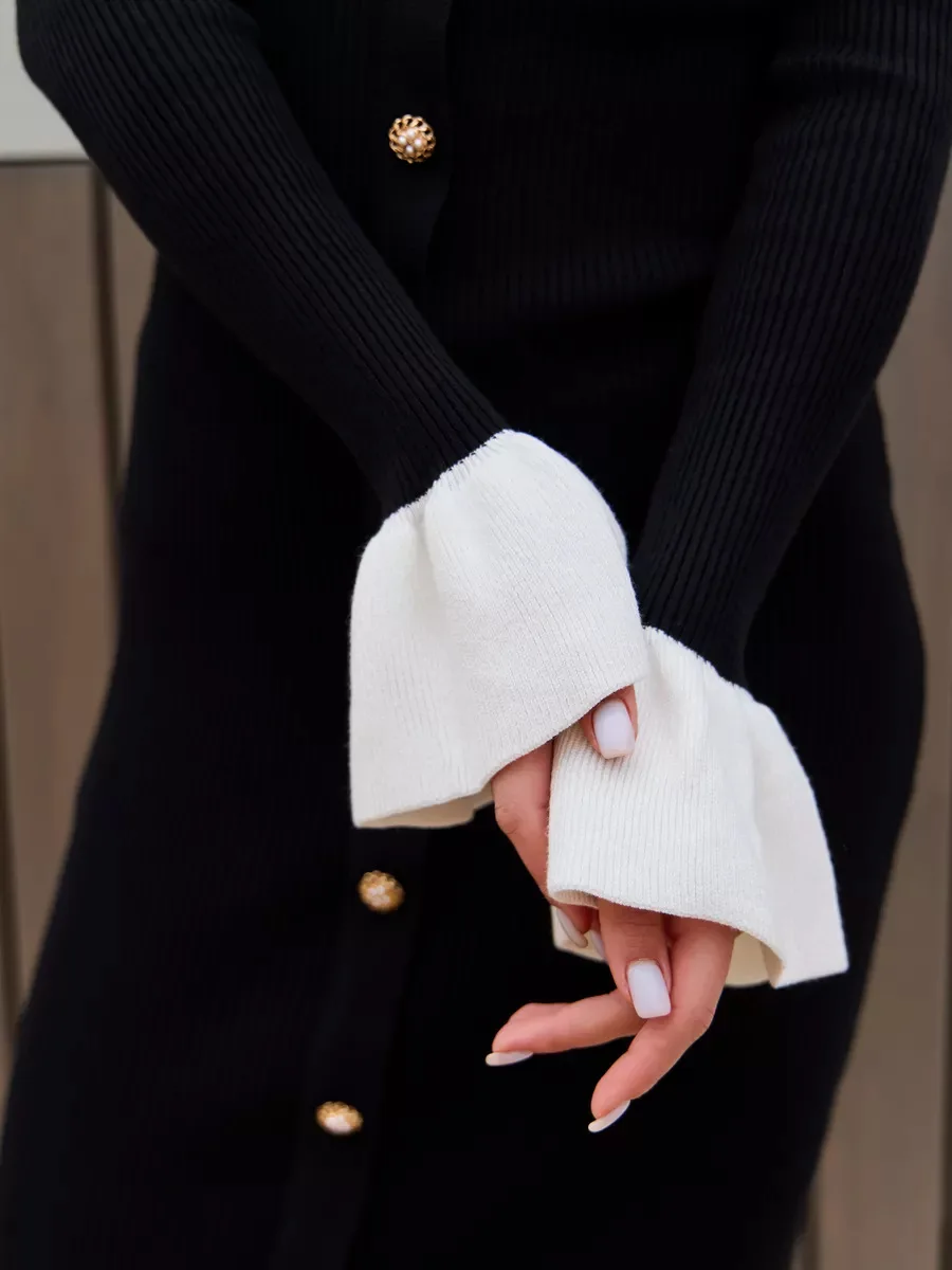 Fashion Knit Patchwork Long Dress Women's Ruffled Slim Elegant Contrast Ribbed Party Dress Knitwear Autumn Maxi Dress New