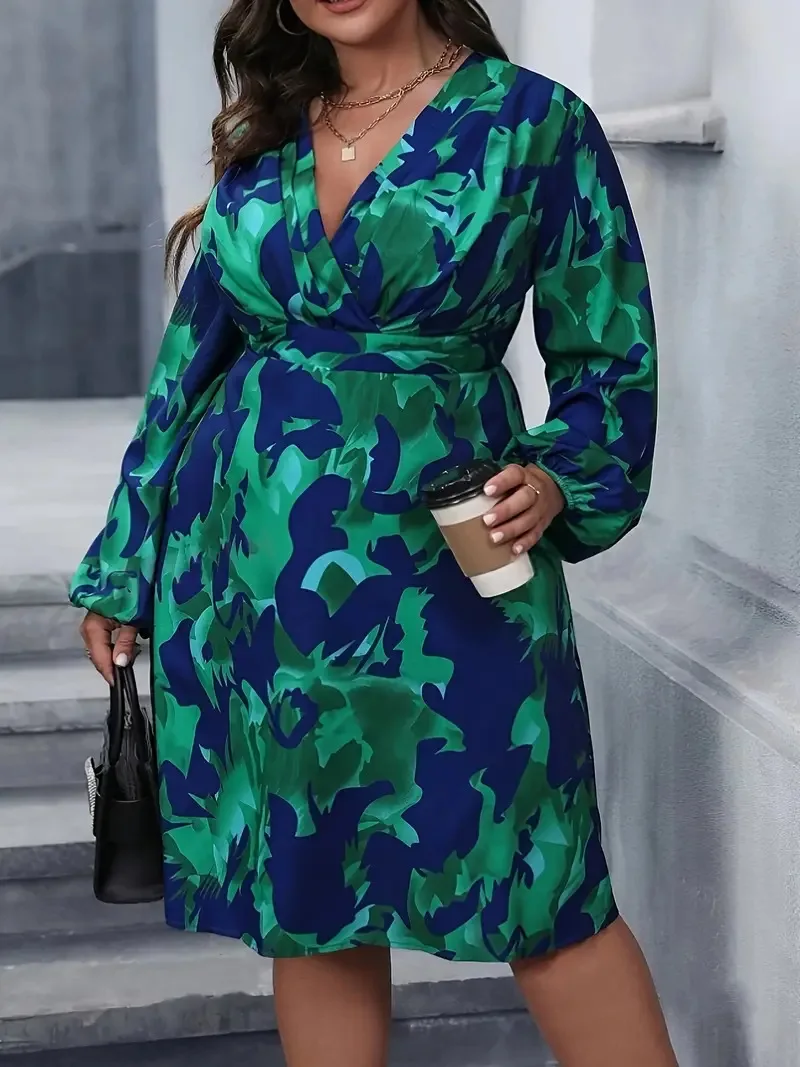 GIBSIE Plus Size Surplice Neck Long Sleeve Autumn Dress Women Casual Print Full Lantern Sleeve A-line Midi Dresses 2024 New