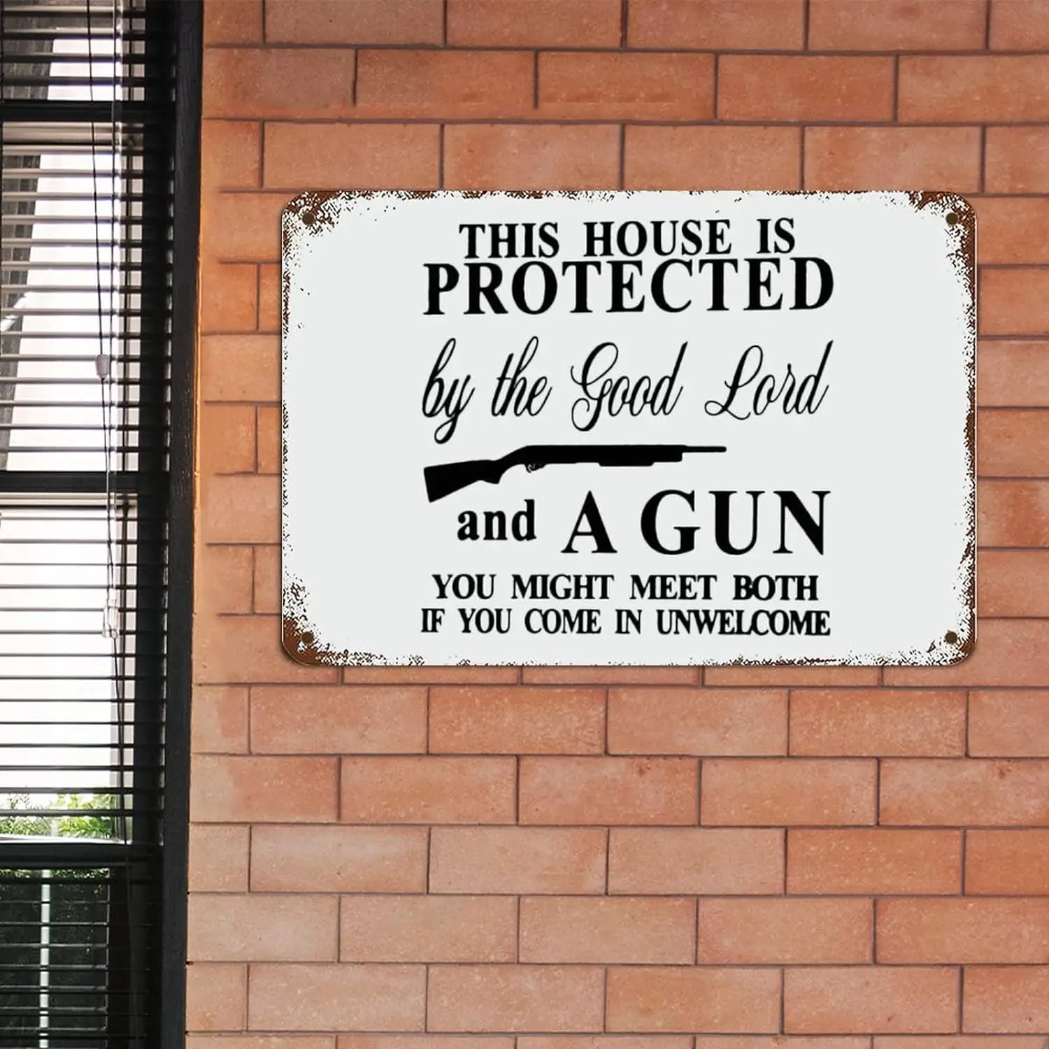 This House is Protected by The Good Lord and A Gun Metal Sign with Sayings Metal Sign Motivational Wall Decorations for Living R