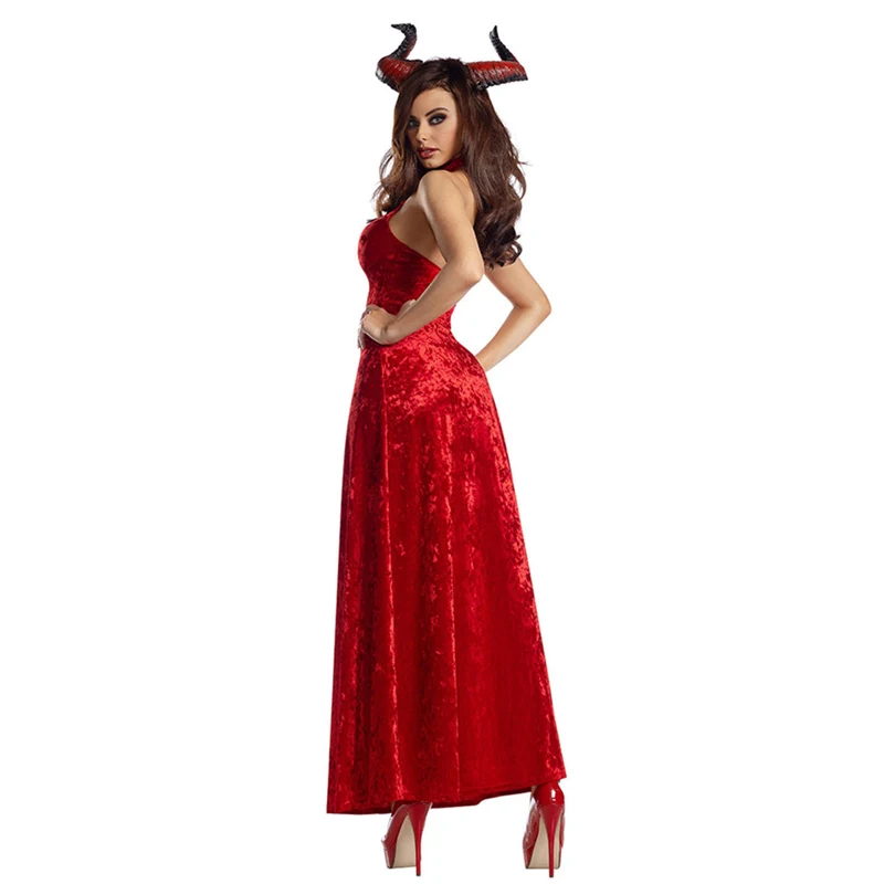 Carnival Halloween Lady Red Demonic Queen Costume Long Classic Glamour Sorceress Devil Playsuit Cosplay Fancy Party Dress