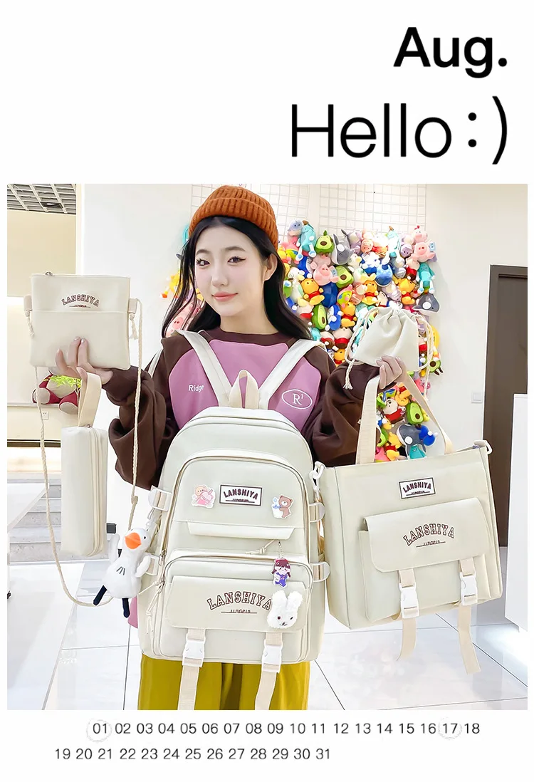 5-teiliges Set mit kostenlosen Anhängern im Waldstil, koreanische Version, lässiger Harajuku-Studentenrucksack für Mädchen mit großer Kapazität – Detail 1