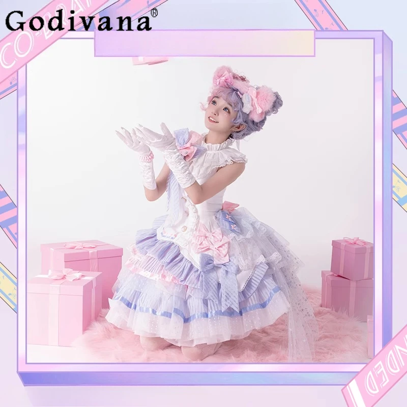 طقم تنورة لوليتا للسيدات قميص أبيض عالي الخصر تنورة قصيرة على شكل حرف A من قطعتين تناسب ملابس تنورة الأميرة اليابانية النسائية