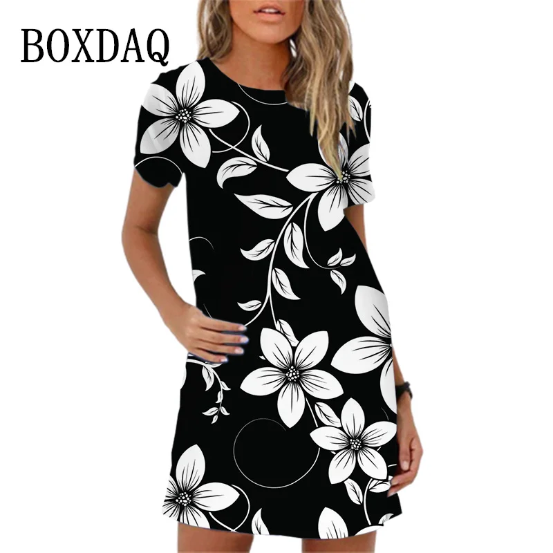 2023 New Vintage Flower Printed Women Dress Summer Short Sleeve Loose Dresses Casual Ladies Dress S-6XL Oversized Women Clothing