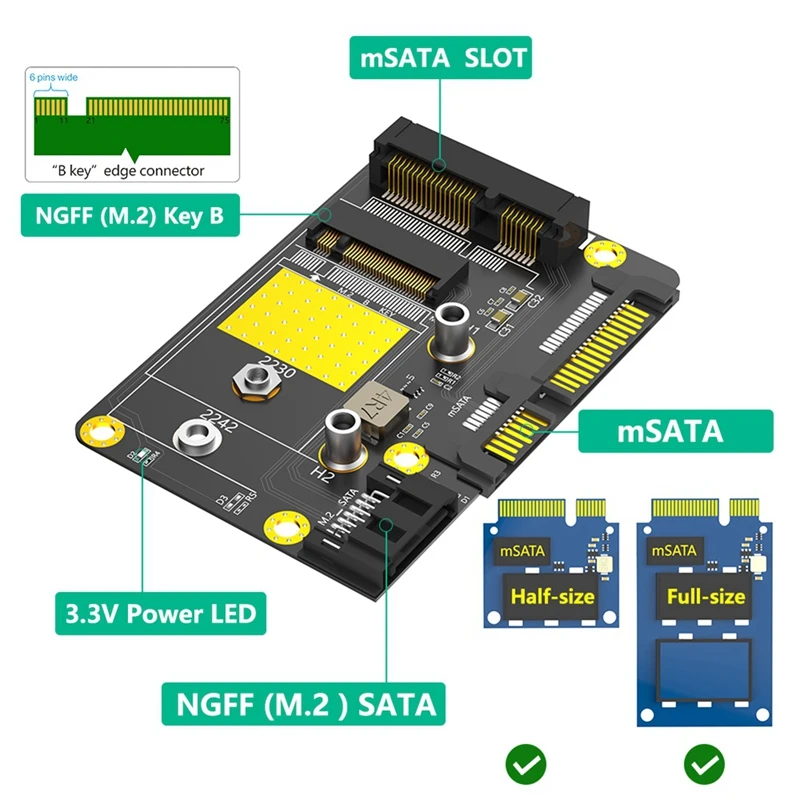 Msata-M.2 ngff-デュアルsata3アダプター、ホット、2 in 1、sata 3.0、2.5in