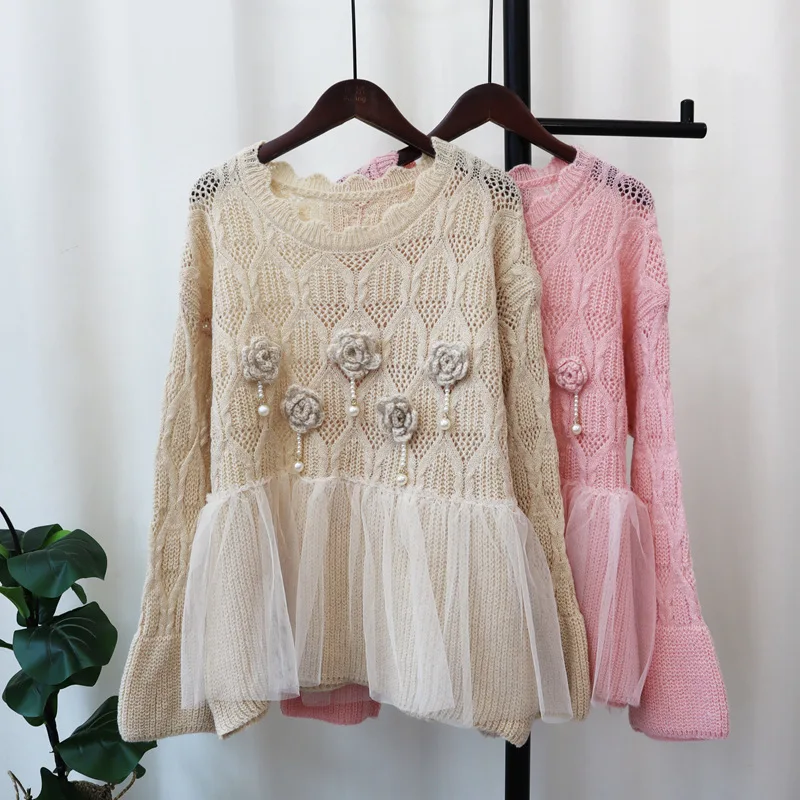 

Women's Solid Color Spliced Flower Mesh Casual Trendy Knitted Pullovers Female Autumn Winter New Fashion Sweaters Clothes Tops