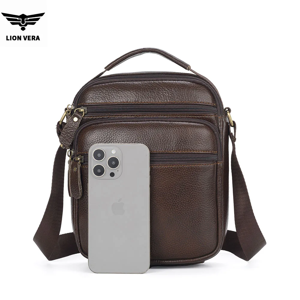 LION VERA Men's Genuine Leather Shoulder Bag Large Capacity Multi Layer 7.8-inch Tablet Computer Bag Casual Handbag