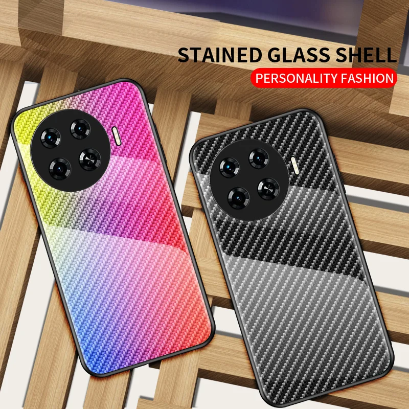 Tecno Spark 20 Pro Plus KJ7 Case Carbon Fiber Grain Tempered Glass Hard Back Cover Case Silicone Bumper for Tecno Spark 20 Pro+