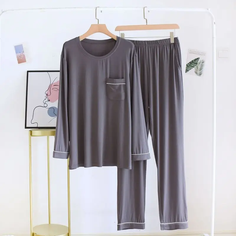 Soft Comfy Men‘s Modal Blend Crew Neck Long Sleeve Long Pants 2-Piece Pajama Set with Pockets Relaxed Fit All Season Loungewear