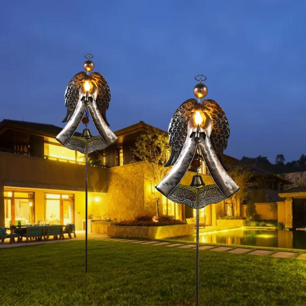 Solar Angel Lawn Light Waterproof Retro Iron Bell Candle Lamp Outdoor Garden Yard Landscape Ground Plug Decor