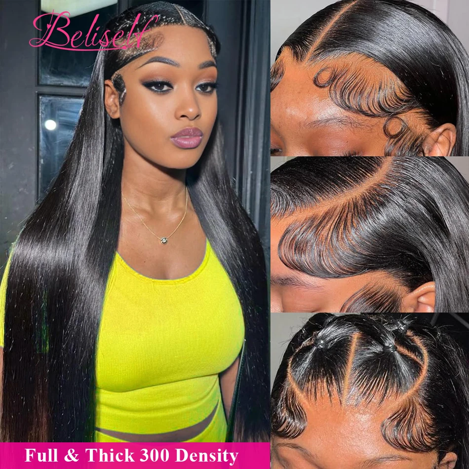 Beliself Pre Braided Straight Human Hair 13x6 HD Lace Frontal Wig Pre Cut HD Lace Wig Ready to Go 250 Density Human Hair Wigs