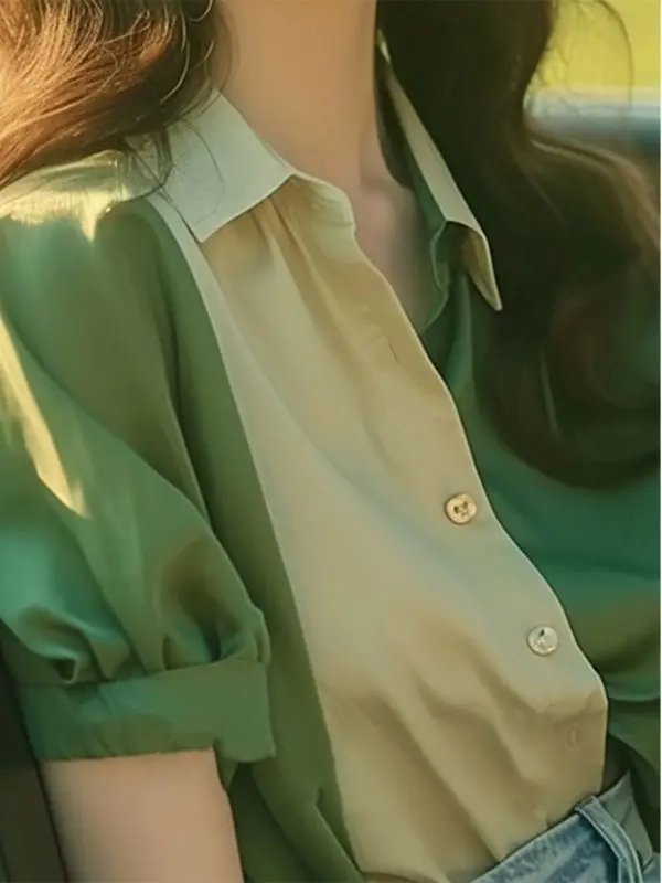 Modieus groen patchwork overhemd met korte mouwen, Franse stijl top, modieus vest