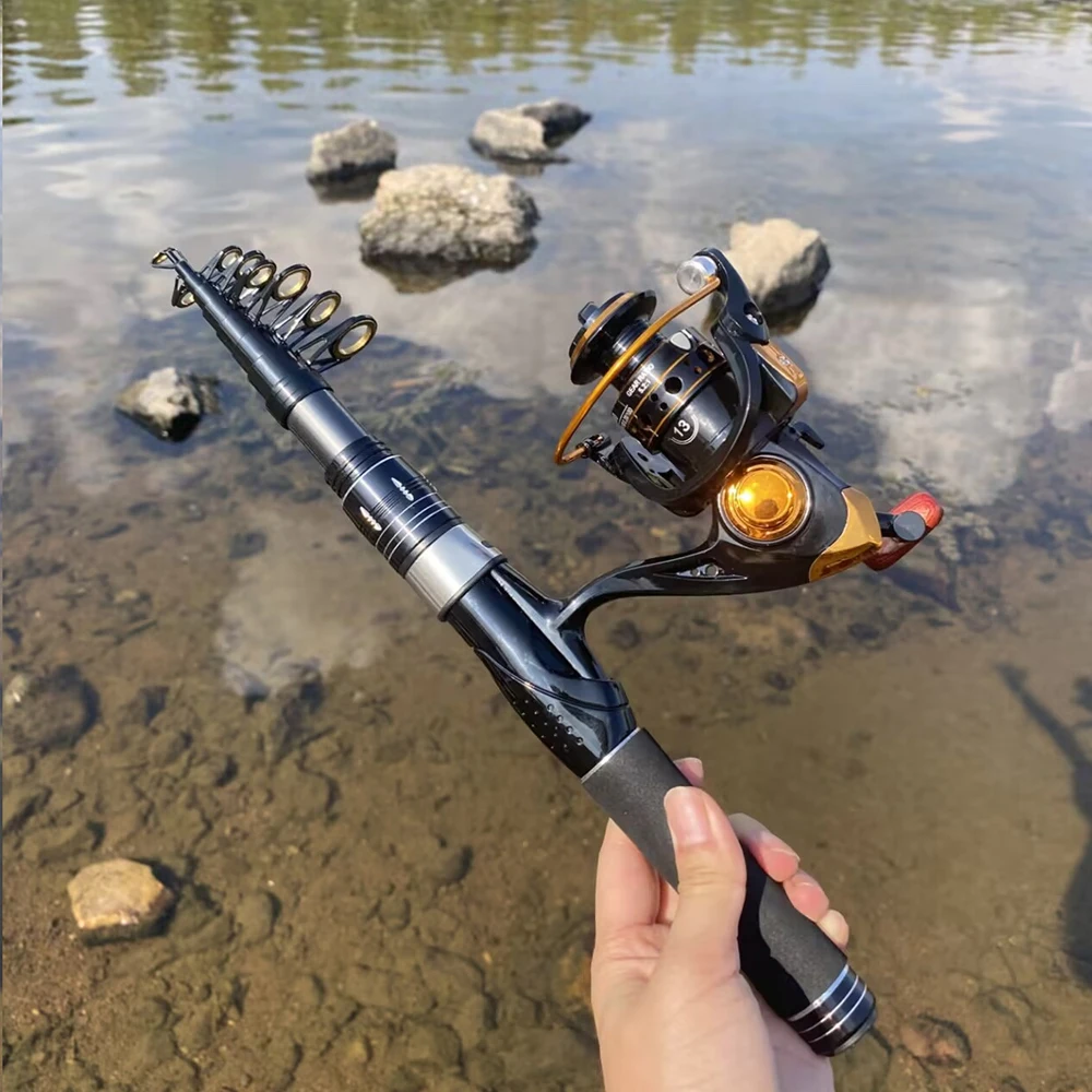 صنارة صيد دوارة تلسكوبية 1.5-2.4 متر و1000-4000 بكرة كومبو قضيب سفر صغير محمول لمياه البحر/المياه العذبة لصيد سمك الشبوط #5