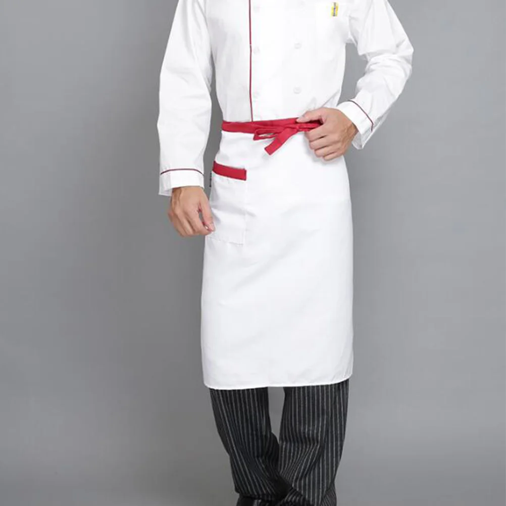 

Unisex Short Chef Half Length Cooking Apron With Pocket For Waiter Waitress Restaurant Hotel Camping White Red Rim Pocket