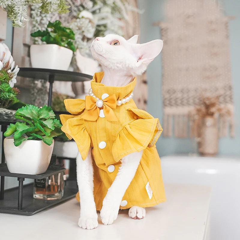 Devon Rex Kitten Cotton Mesh Breathable Bowknot Skirt Anti-hair Loss Clothes for Cat Sphynx Sphinx Hairless Cat Dresses