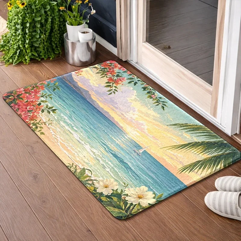 Pastoral Watercolor Doormat Country Fence Tree Meadow Sunrise Print Decorative Floor Mat Soft Rug for Indoor Front Door Home Use