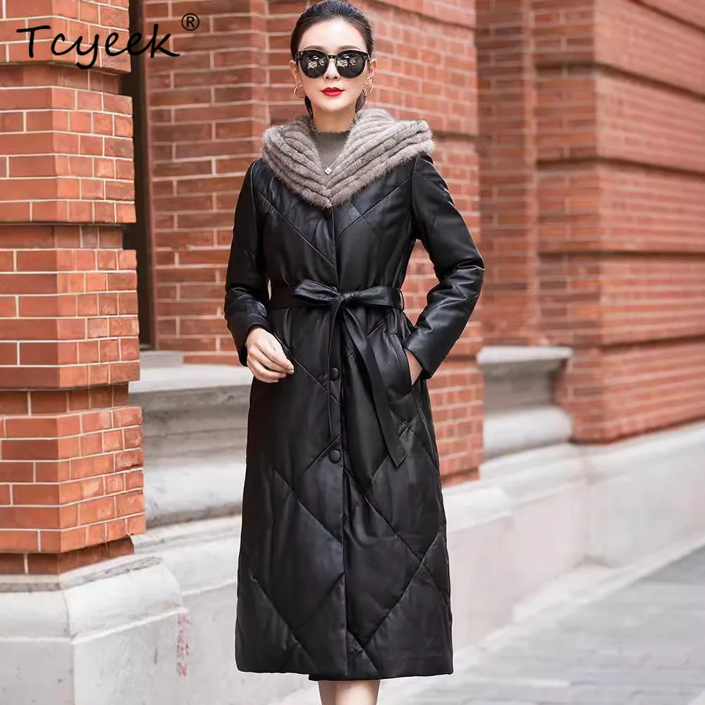 Tcyeek Pelle di pecora Piumino d'anatra bianca Autunno Inverno Giacca lunga in vera pelle da donna con cappuccio Jaqueta De Couro Legítimo Feminina