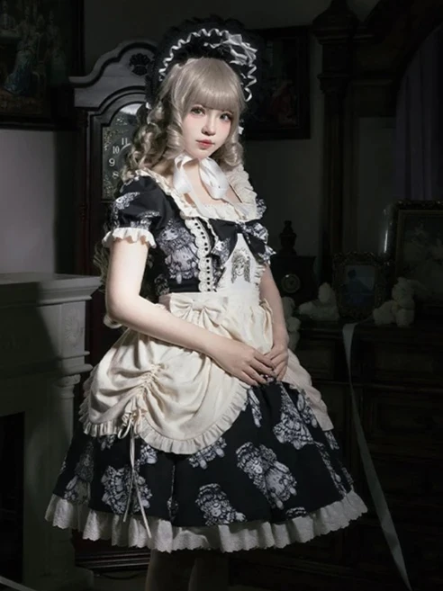

Subculture Retro Court Style cartoon Printed OP Dress Gothic Dark Lolita Style Lace Stitching bow High Waist Mini Dress Women