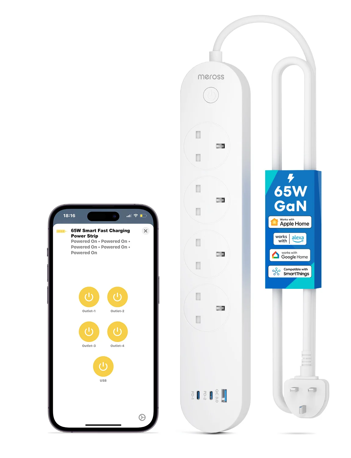 Meross Homekit Power Multi Tap Universal Plug UK Outlet Power Strip with 1.8m Extension Cord USB Port Charge Electrical Socket