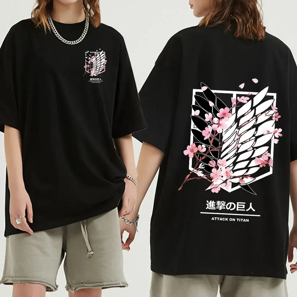Anime Attack on Titan T-Shirt Ackerman Mikasa Eren Jaeger Cherry Blossom Graphics Logo T Shirt Clothes Men's Cotton T Shirts
