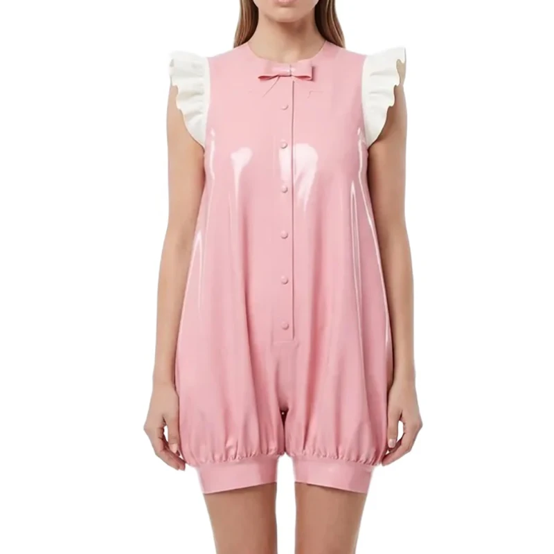 Sexy Latex French Maid Rompers Sleeveless Frills Bow Buttons Gathered Around Leg Rubber Playsuit Bodysuit Onesie Catsuit 0389