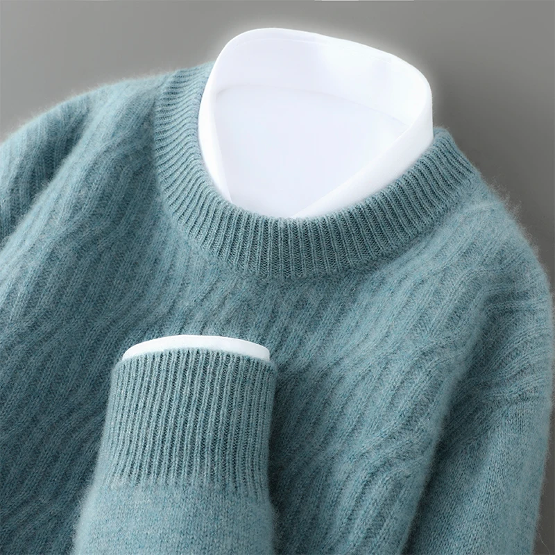 

Men's 100% Merino Wool Round Neck Pullover Sweater Solid Color Versatile Basic Knitted Warm Top Autumn Winter New Men's Clothing