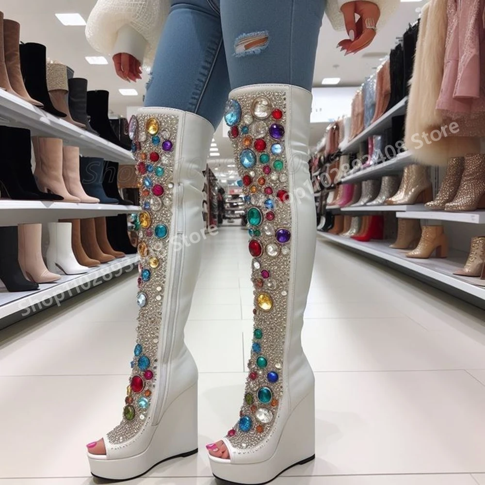 

Colorful Crystals Design Bling Over the Knee Boots Wedges High Heel Wedding Party Sexy Women Shoes 2025 New Summer Para Mujere