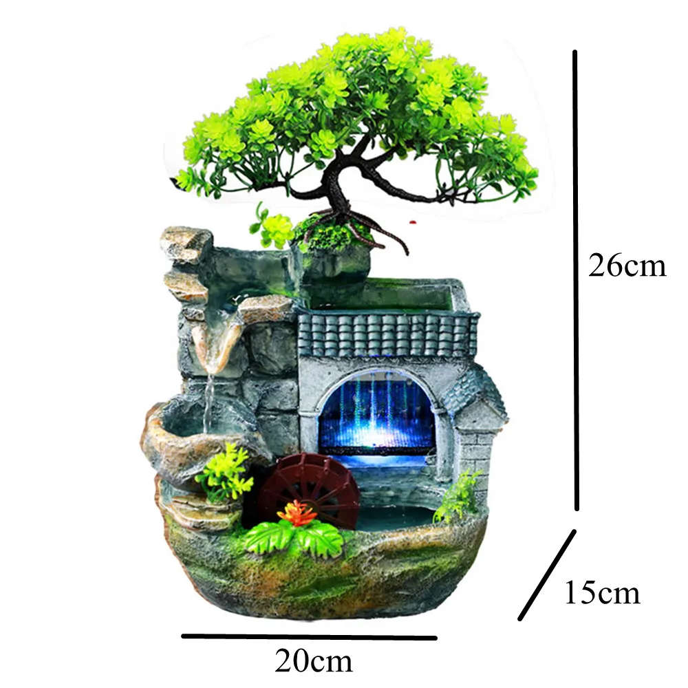 Waterfall Fountain Indoor Home Decor Feng Shui Desktop Small Rockery Simulation Tree Resin Ornaments Crafts with Led Light Gifts