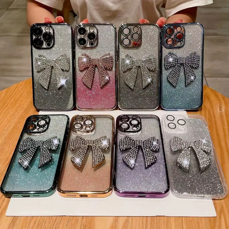 

Luxury plating GLITTER Gradient Diamond Bow Phone Case For iphone 15 pro max cases iPhone 11 case 12 13 14pro Shockproof covers