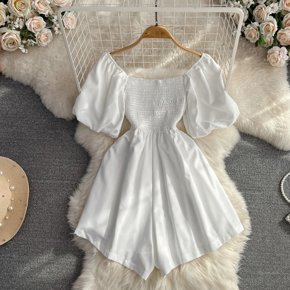 French Elegant Ladies Playsuits Casual Square Collar Puff Short Sleeve High Waist Wide Leg Shorts Solid Women Summer Clothes