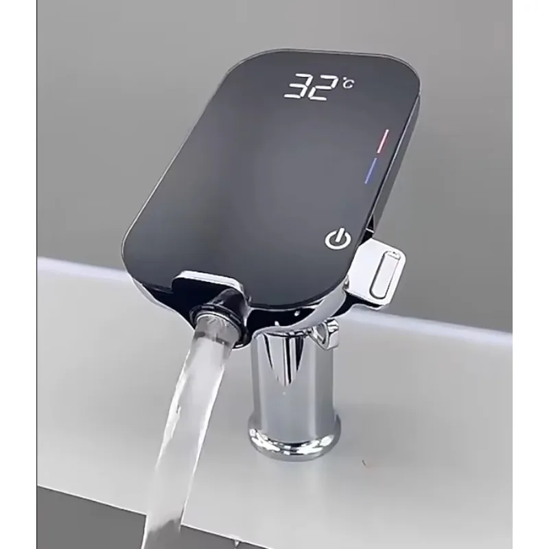 

New Smart Temperature Digital Display Brass Brushed Gold Tap Deck Mounted Sanitary Ware Basin Mixer Faucet for Electric Faucets