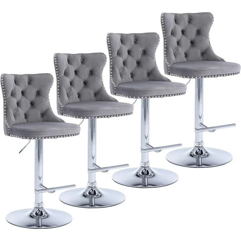 Swivel Bar Stools Set of 4, Adjustable Counter Height Barstools, Button Tufted Back andFootrest,Velvet Bar ChairsIsland,