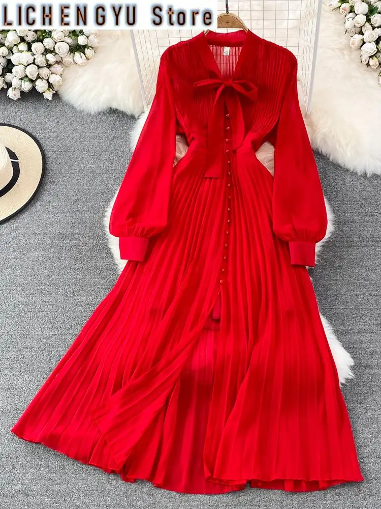 

Sweet Style Vestidos Summer New Women's Dress Single-breasted Pleated A-line Solid Color High Waist Dresses