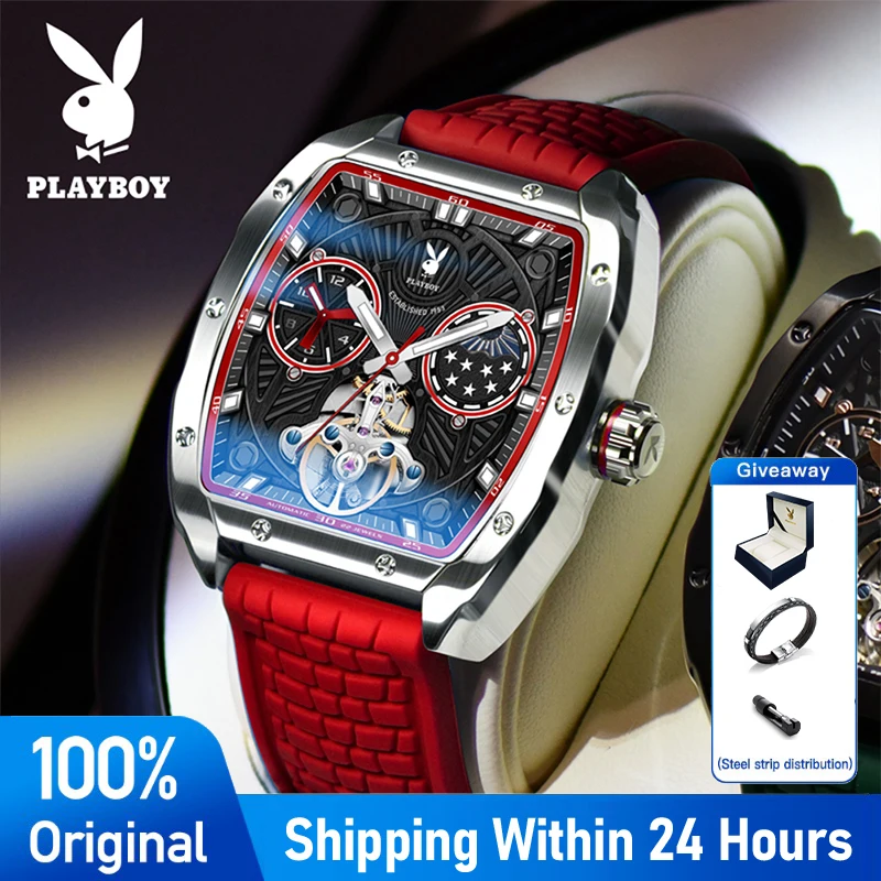

Роскошные часы PLAYBOY, мужские автоматические механические часы Skeleton Tonneau, водонепроницаемые деловые часы с силиконовым ремешком для мужчин 3058