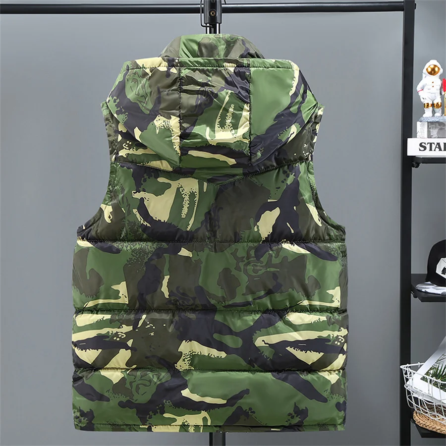 2024 New Men\'s Vest Winter Warm Thicken Sleeveless Jackets Padded Camouflage Hooded Waistcoat Men Clothes Male Coat Work Wear