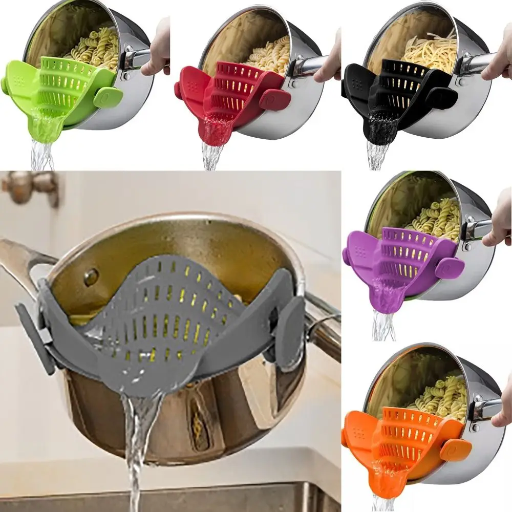 Silicone Clip-On Strainer Kitchen Gadgets Widen Pot & Pasta Strainer with 2 Clips Handheld Drainer For Pots Pans Bowls