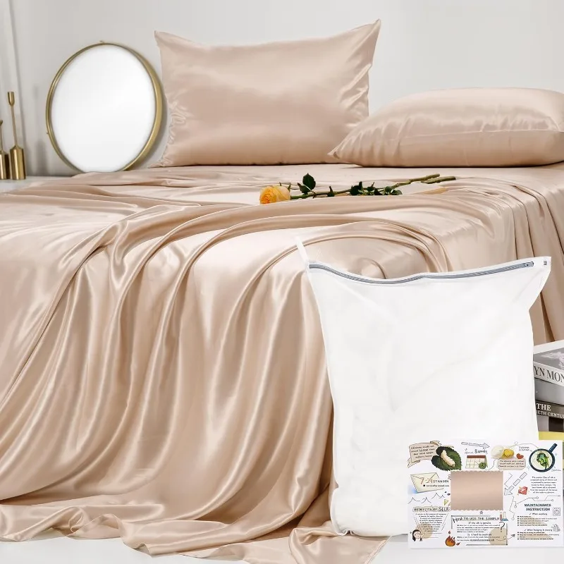 

Mulberry Silk Sheet Set 4 Piece with 16" Deep Pocket Fitted Sheet, Top Grade 6A Silk Sheets (Champagne, Full Size)