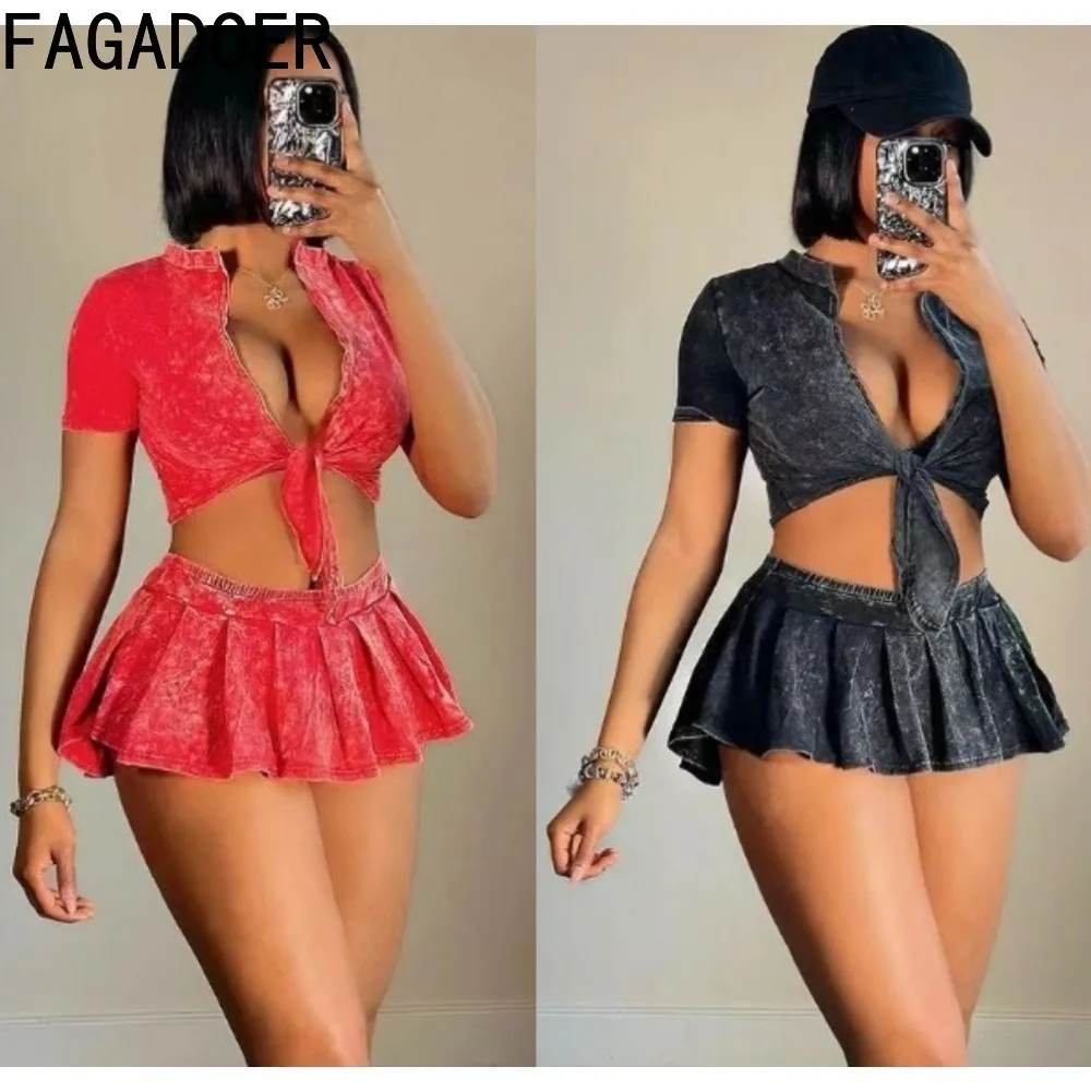 

FAGADOER Fashion Y2K Streetwear Women Deep V Bandage Short Sleeve Crop Top With Shorts Under Mini Skirts Outfits Sexy Clothing