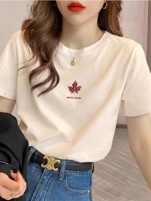 High-End-Baumwoll-Damen-T-Shirt mit Oulder-Breite, regulär, ort Sve, Sommer, dünn, schlicht, Sle-Druck, Pendeln, lockere Passform