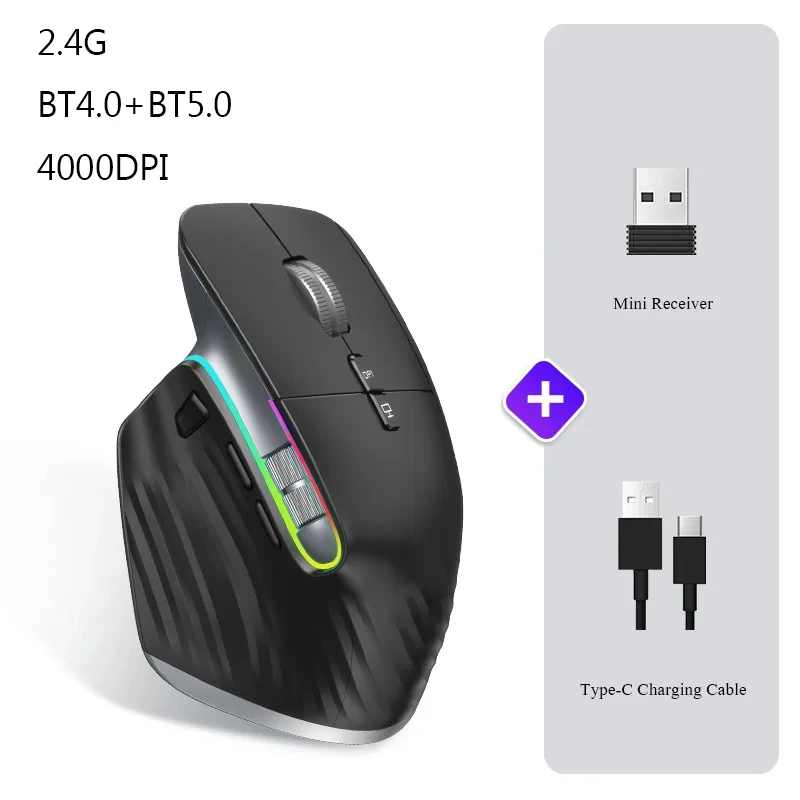 

Tri-mode Wireless Mouse Bluetooth 2.4G Mute Office Mice With RGB Ergonomic Gamer USB-C Rechargeable Mause For Laptop PC Notebook