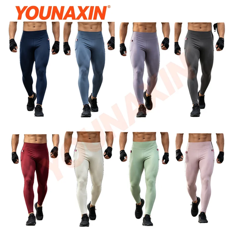 Men’s Outdoor Sports Compression Trousers With Pockets Yoga Pants Fitness Running Marathon Base Layers Quick-drying High-stretch